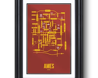 Ames, Iowa Straßenkarte - Universitäts- und College-Stadt, Wandkunst, gerahmter oder ungerahmter Druck, Studentenwohnheim oder Abschlussgeschenk