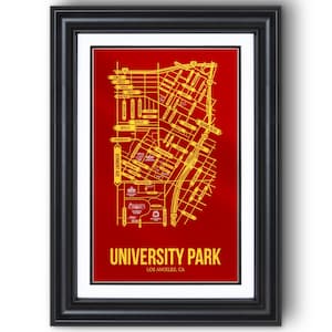 May include: Framed map print of University Park, Los Angeles, CA, in a black frame. The map features a gold-colored street layout on a red background. The text "UNIVERSITY PARK" and "LOS ANGELES, CA" are displayed in gold.