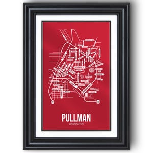 Pullman, Washington Street Map - College Town Wandkunst, gerahmter oder ungerahmter Druck, Studentenwohnheim oder Abschlussgeschenk