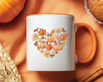 Taza con garabatos de corazones otoñales: Taza de café retro con calabaza otoñal, taza de porcelana para regalo de Acción de Gracias