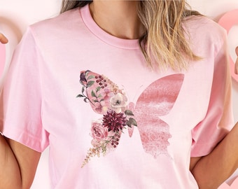 Butterfly Graphic T-Shirt: Floral Vintage Style Bella Canvas Tee