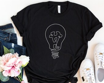 Autism Awareness T-Shirt, Puzzle Heart Lightbulb Design