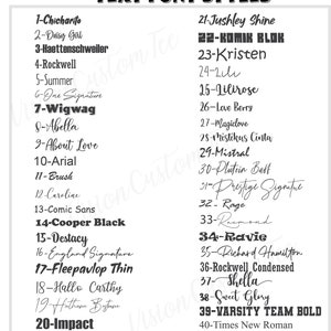 May include: A white background with black text listing 40 different font styles. Each font style is numbered and includes the name of the font. The font styles are listed in two columns.