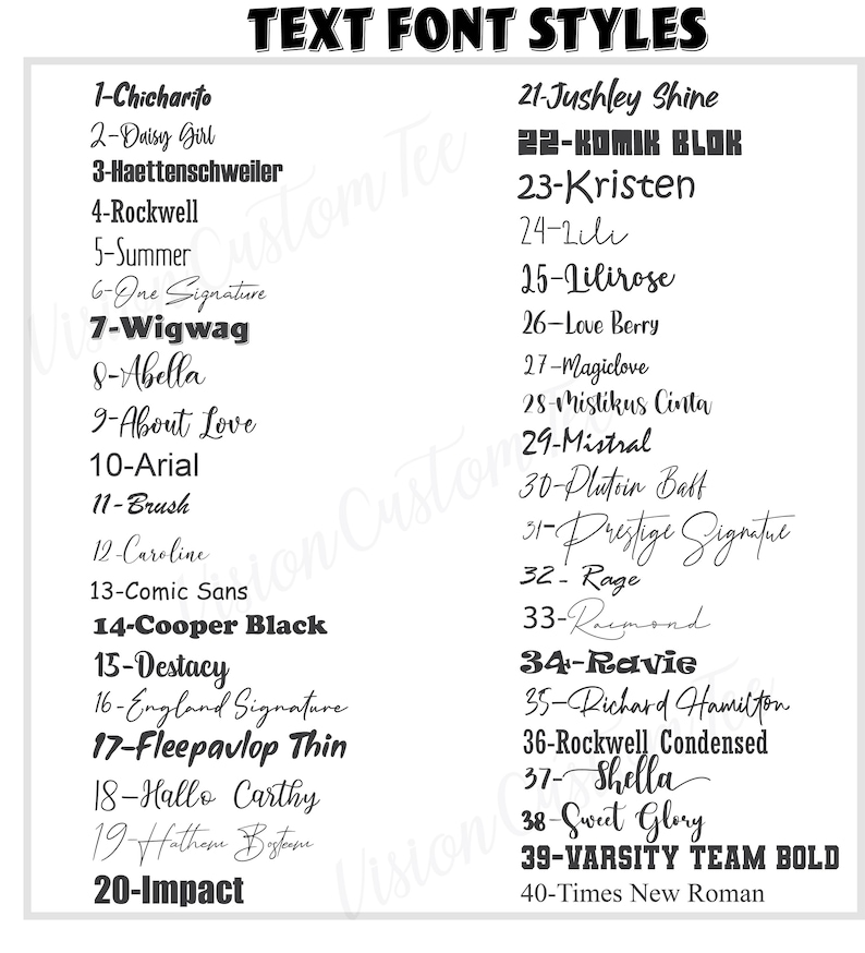 May include: A white background with black text listing 40 different font styles. Each font style is numbered and includes the name of the font. The font styles are listed in two columns.