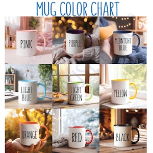 May include: A color chart displaying nine white ceramic mugs with different colored interiors and handles. The mugs are labeled with the following colors: pink, purple, midnight blue, light blue, light green, yellow, orange, red, and black.