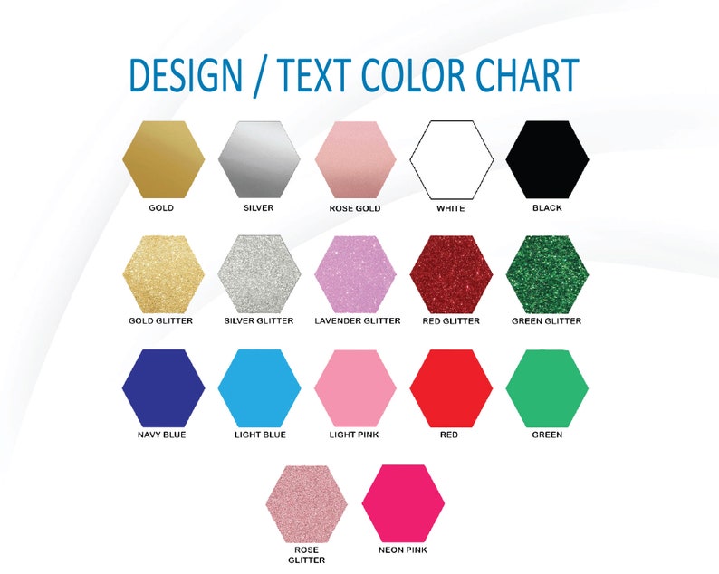 K&ouml;nnte beinhalten: Farbkarte mit verschiedenen Design- und Textfarbenoptionen f&uuml;r ein Produkt. Die Farben umfassen Gold, Silber, Ros&eacute;gold, Wei&szlig;, Schwarz, Goldglitter, Silberglitter, Lavendelglitter, Rotglitter, Gr&uuml;nglitter, Marineblau, Hellblau, Hellrosa, Rot, Gr&uuml;n, Ros&eacute;glitter und Neonrosa.