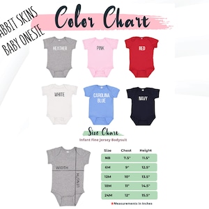 May include: Colour chart for baby onesies in various colours, including heather grey, pink, red, white, Carolina blue, and navy. The chart also includes a size chart with measurements in inches for newborn, 6 months, 12 months, 18 months, and 24 months.