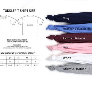 May include: A size chart for toddler t-shirts with measurements in inches. The chart shows the chest and length measurements for sizes 2T, 3T, 4T, and 5T. The chart is accompanied by a sample t-shirt and a selection of fabric swatches in various colours, including navy, heather Columbia blue, heather maroon, pink, white, and athletic heather.