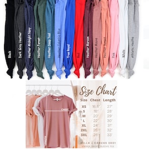 May include: Size chart for a Bella + Canvas 3001 unisex short sleeve tee. The chart shows sizes XS through 3XL with corresponding chest and length measurements in inches. The image also shows a variety of t-shirt colours, including black, dark grey heather, heather midnight navy, heather forest, heather deep teal, heather columbia blue, true royal, red, heather maroon, heather mauve, heather sunset, pink, white, and athletic heather.