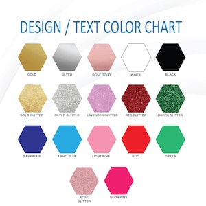 K&ouml;nnte beinhalten: Farbkarte mit verschiedenen Design- und Textfarbenoptionen f&uuml;r ein Produkt. Die Farben umfassen Gold, Silber, Ros&eacute;gold, Wei&szlig;, Schwarz, Goldglitter, Silberglitter, Lavendelglitter, Rotglitter, Gr&uuml;nglitter, Marineblau, Hellblau, Hellrosa, Rot, Gr&uuml;n, Ros&eacute;glitter und Neonrosa.