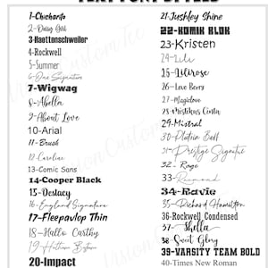 May include: A white graphic showcasing a variety of text font styles. The image displays 40 different fonts, each numbered and named, including options like "Cooper Black," "Arial," and "Varsity Team Bold."