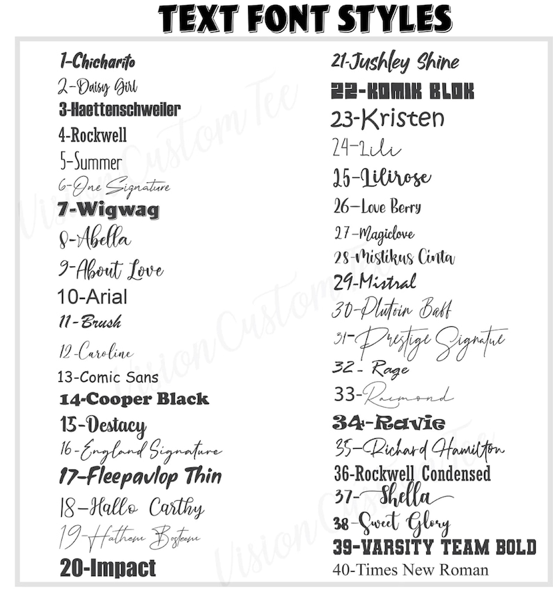 May include: A white graphic showcasing a variety of text font styles. The image displays 40 different fonts, each numbered and named, including options like "Cooper Black," "Arial," and "Varsity Team Bold."