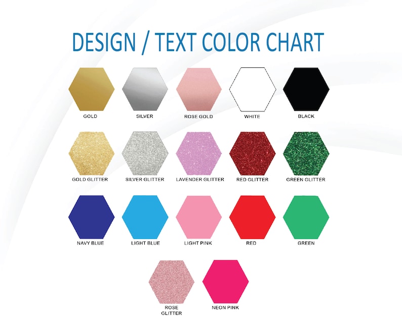 Op de afbeelding: Een kleurenkaart voor ontwerp en tekst, met verschillende kleuren en glitteropties. Kleuren zijn goud, zilver, ros&eacute;goud, wit, zwart, marineblauw, lichtblauw, lichtroze, rood en groen. Glitteropties zijn goud, zilver, lavendel, rood, groen, roos en neonroze.