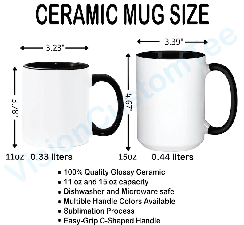 May include: Two white ceramic mugs with black interiors and handles are displayed, showcasing size comparisons. The smaller mug is 3.78 inches tall and 3.23 inches wide, holding 11 oz (0.33 liters). The larger mug is 4.67 inches tall and 3.39 inches wide, holding 15 oz (0.44 liters).