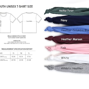 May include: A size chart for youth unisex t-shirts, showing measurements in inches for chest and length. The chart includes sizes YS, YM, and YL. The image also shows a variety of t-shirt colours, including heather forest, navy, heather columbia blue, heather maroon, pink, white, and athletic heather.