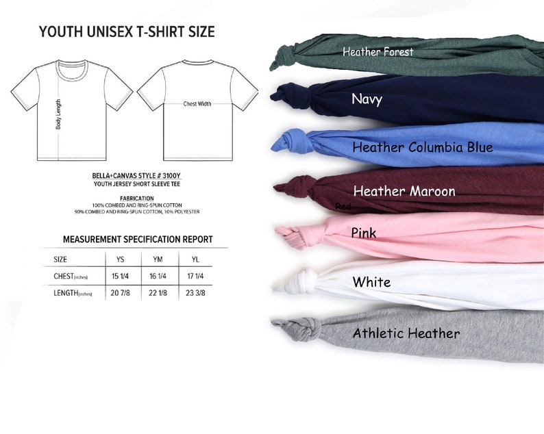 May include: A size chart for youth unisex t-shirts, showing measurements in inches for chest and length. The chart includes sizes YS, YM, and YL. The image also shows a variety of t-shirt colours, including heather forest, navy, heather columbia blue, heather maroon, pink, white, and athletic heather.