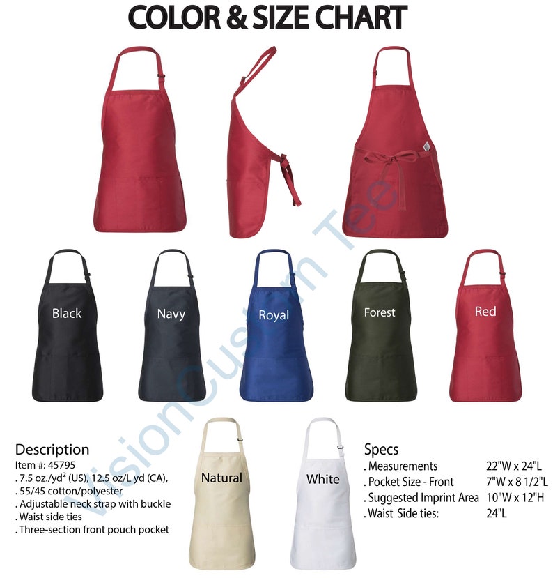 Op de afbeelding: Kleuren- en maattabel met schorten in zwart, marineblauw, koningsblauw, bosgroen, rood, naturel en wit. De schorten hebben verstelbare nekbanden, taillebanden en een drievoudige voorzak. Afmetingen: 56 cm B x 61 cm L.
