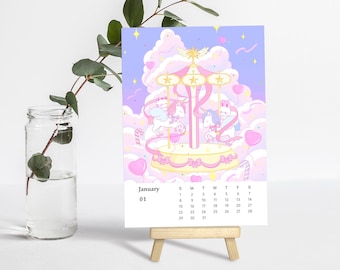 2024 Desk Calendar, Bunny and Cat Calendar, Kawaii Illustration Calendar, Monthly Calendar, Mini Wooden Easel Calendar, 5”x7” Desk Calendar