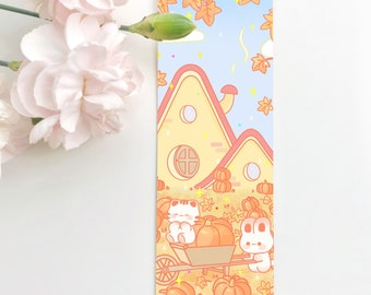 Happy Harvest Pumpkin Cottage Fall Bookmark | Cute Cat Bunny Bookmark | Kawaii Cat Bunny Bookmark |Autumn Bookmark| Cute Gift for Bookworm