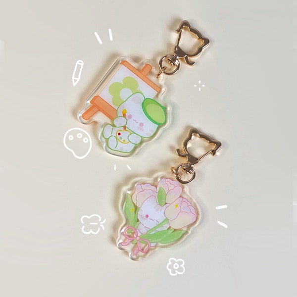 Cute Cat Acrylic Keychain | Kawaii Cat with Tulips, Cat Artist Painting Keychain | Key Accessory | Double Size Acrylic Keychain | Clearance