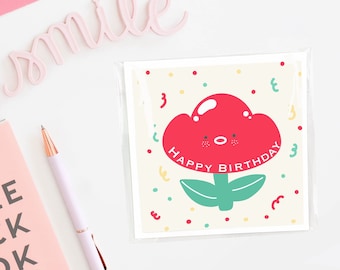 Cute Flower Birthday Card, Kawaii birthday card, Happy birthday card, Cute illustration BD Card, Card for friends