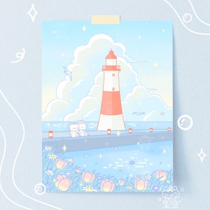 Cute Cat Bunny Lighthouse Seaside Art Print | Cute Ocean Art Print | Kawaii Cozy Art Print | Cute Animal Art Print | Kawaii illustration