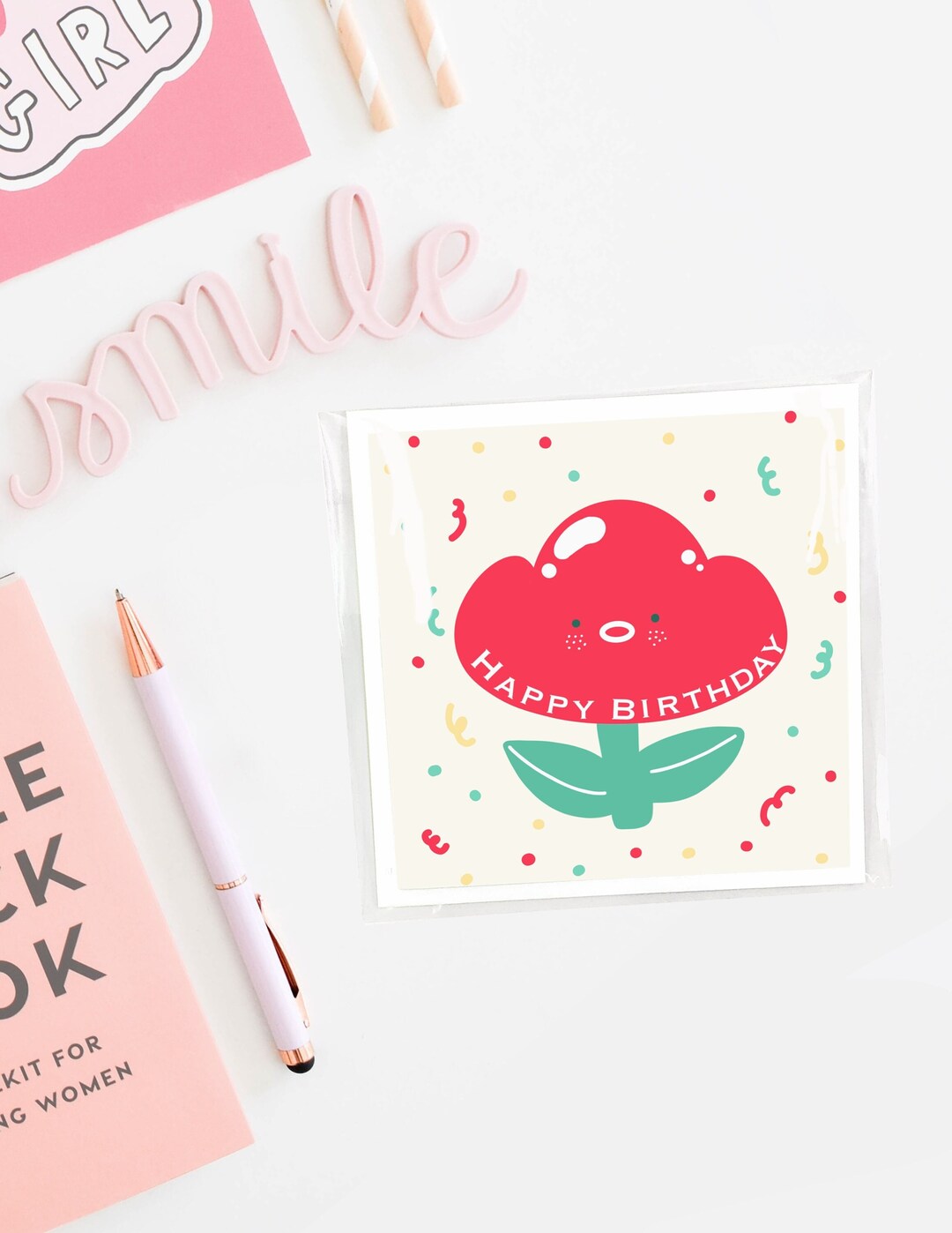 Cute Flower Birthday Card Kawaii Birthday Card Happy Etsy