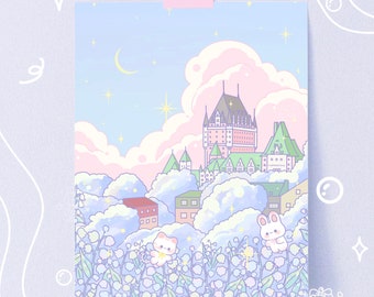 Dreamy Old Quebec City with Cat Bunny Art Print | Cute Cat Art Print | Kawaii Art Print | cute city illustration | Kawaii illustration