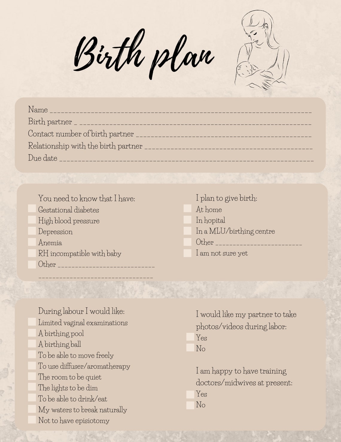Birth Preferences Template, Birth Plan Template, Printable Birth Plan Birth Preferences Template, Birth Plan Template, Printable Birth Plan