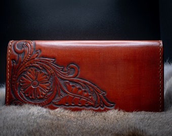 Hand-Crafted Leather Floral Wallet | 10 Pocket Wallet | Long Wallet | Roper Wallet | Western Wallet | Sheridan Design