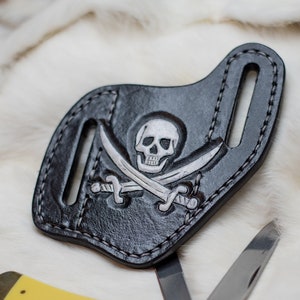 Handmade Hand-tooled leather folding knife sheath, Pirate Inspired Design, Skull Head & Swords