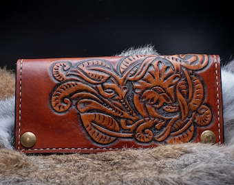 Hand-Crafted Leather Floral Wallet | 8 Pocket Wallet | Long Wallet | Roper Wallet | Western Wallet | Sheridan Design