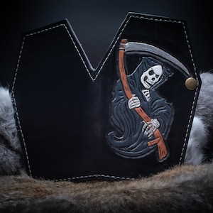 Cartera de ataúd de cuero hecha a mano / Cartera de 8 bolsillos / Cartera larga / Diseño de la Parca / Cartera de motociclista / Cartera gótica