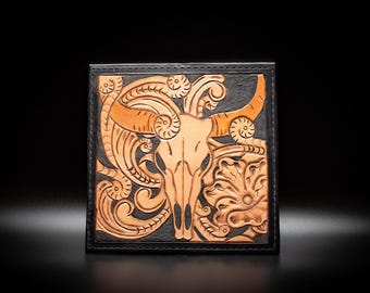 Bull Skull Hand-Crafted Leather Western Wallet, 10 Pocket Wallet, Long Wallet, Roper Wallet, Western Wallet, Sheridan Design