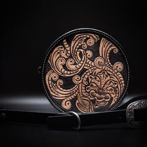 Handmade Leather Rope Can Purse, Canteen Purse, Round Purse, Western-Floral Design