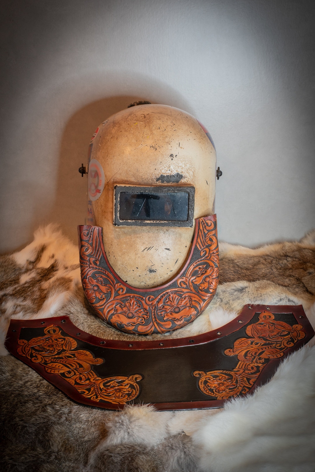 Tooled Leather Welding Hood Bib Set, Top and Bottom Bib, DIY Leather