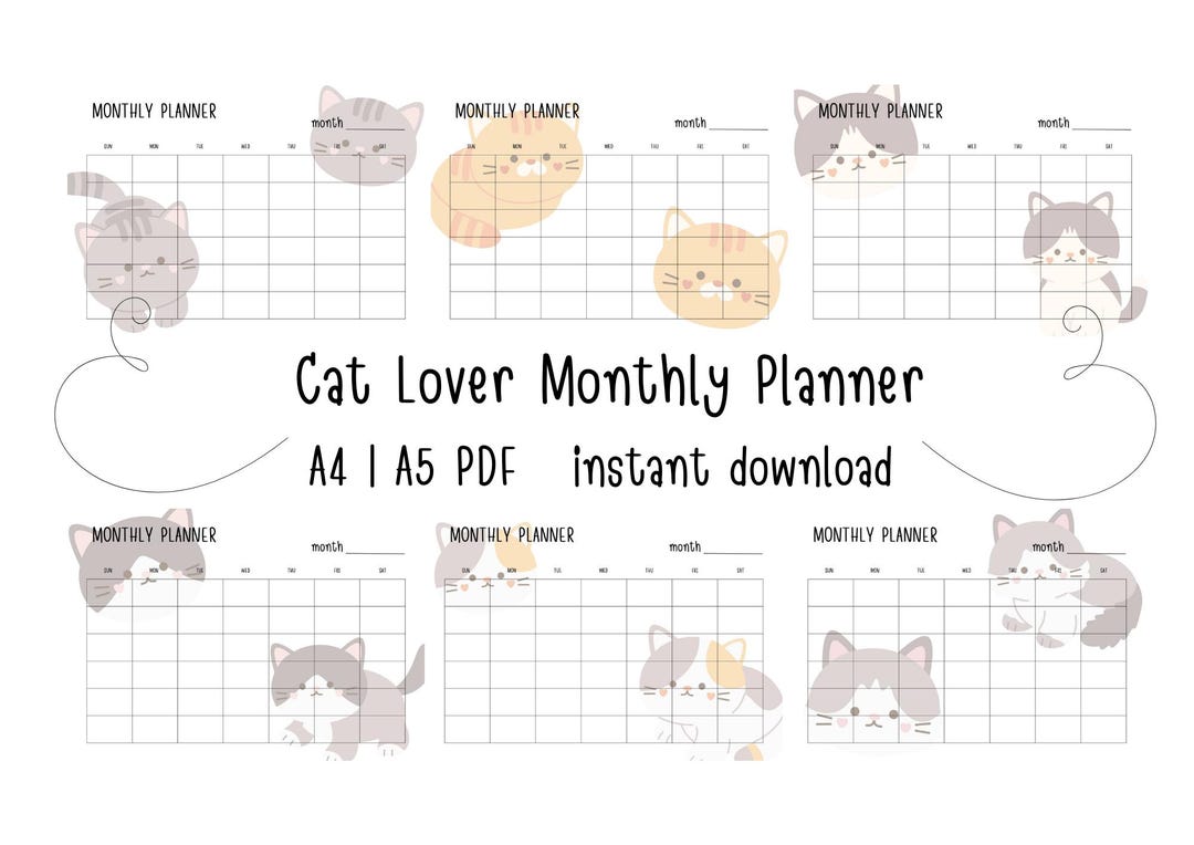 Cat Lover Printable Monthly Planner – Sunday Start Undated Minimal A4 ...