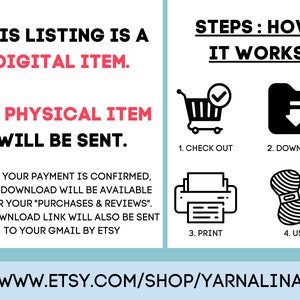 May include: A digital download listing for a craft project. The image shows a shopping cart, a download icon, a printer, and yarn with a crochet hook. The text on the image reads "This listing is a digital item. No physical item will be sent. Once your payment is confirmed, your download will be available under your "Purchases & Reviews". The download link will also be sent to your Gmail by Etsy. www.etsy.com/shop/yarnalina"