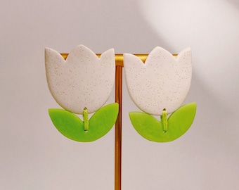 White Glitter Tulip Polymer Clay Earrings