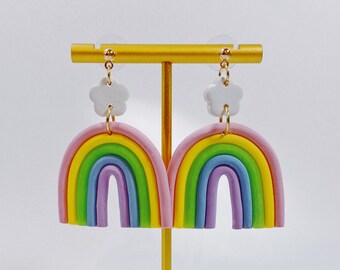 Pastel Rainbow & White Daisy Polymer Clay Earrings