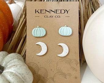 Teal Pumpkins & White Moons Stud Polymer Clay Earrings Set