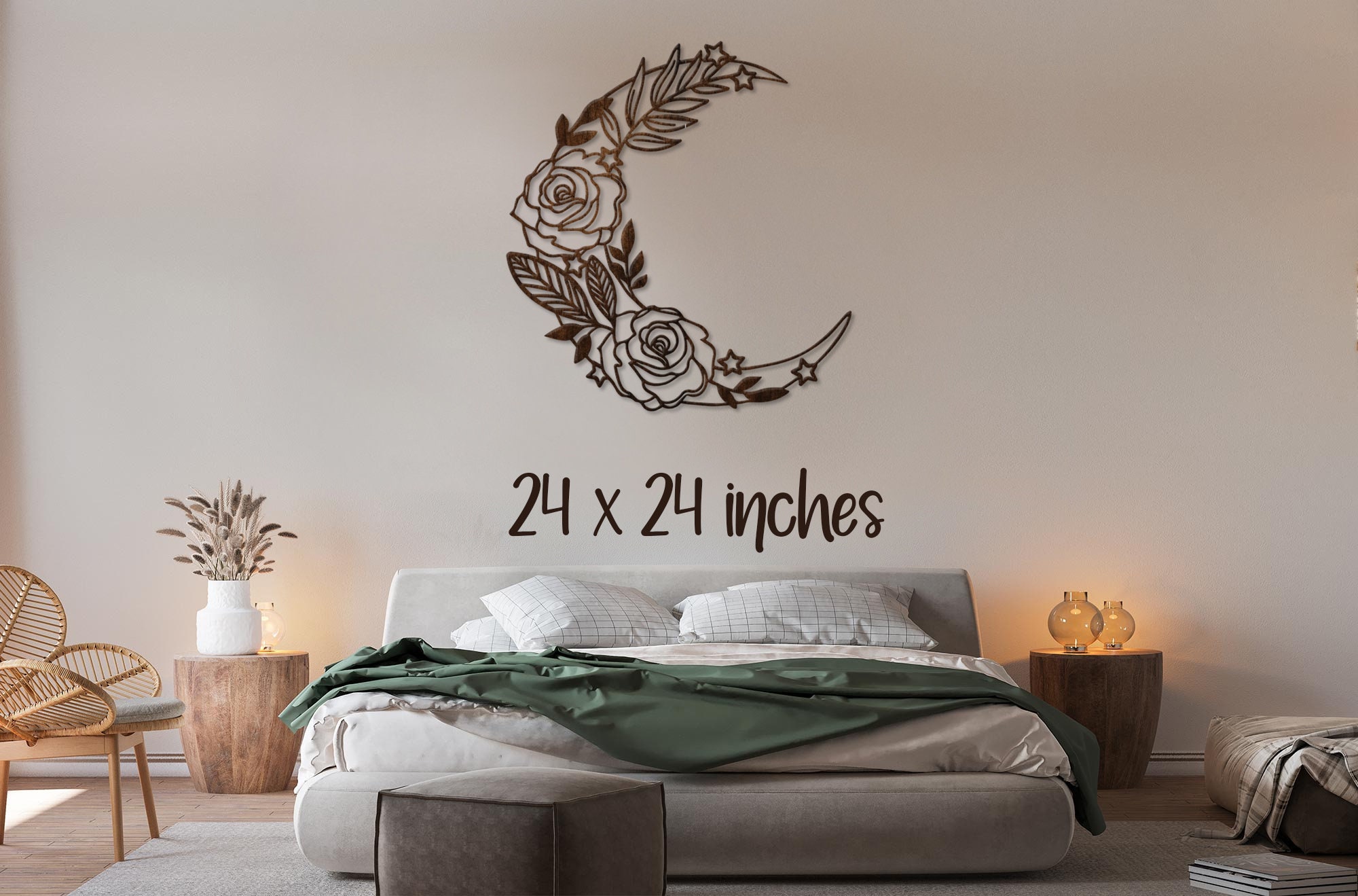 Wood Cresent Moon Wall Decor Boho Floral Moon Decor Wooden Etsy