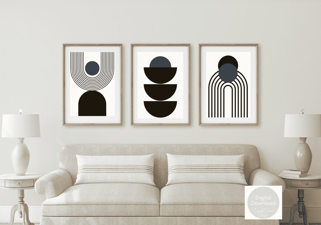 Abstract Art Set of 3, Modern Wall Art, Navy Digital Prints, Black ...