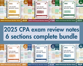May include: A set of six 2025 CPA exam review notes, each covering a different subject: Auditing & Attestation, Financial Accounting & Reporting, Taxation & Regulation, Information Systems & Controls, Business Analysis & Reporting, and Tax Compliance & Planning.