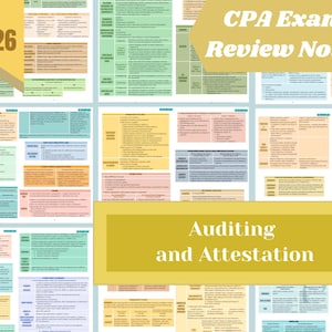 May include: A collection of colorful study notes for the CPA exam. The image features the text "CPA Exam Review Notes" and "Auditing and Attestation." The year "2026" is also visible. The notes are organized with various colored backgrounds.