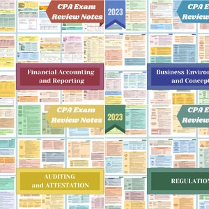 Könnte beinhalten: Eine Collage aus bunten Studienleitfäden für die CPA-Prüfung. Die Leitfäden decken die vier Abschnitte der Prüfung ab: Finanzielle Rechnungslegung und Berichterstattung, Prüfung und Bestätigung, Regulierung sowie Geschäftsumfeld und Konzepte. Jeder Abschnitt hat eine Titelkarte mit dem Jahr 2023 und dem Text "CPA Exam Review Notes".