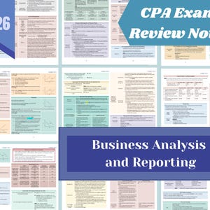 Könnte beinhalten: Eine Sammlung von Notizen für die CPA-Prüfung. Die Notizen behandeln verschiedene Themen, darunter Unternehmensanalyse und -berichterstattung. Der Text "CPA Exam Review Notes" und "Business Analysis and Reporting" ist zu sehen. Das Jahr "2026" ist ebenfalls abgebildet.
