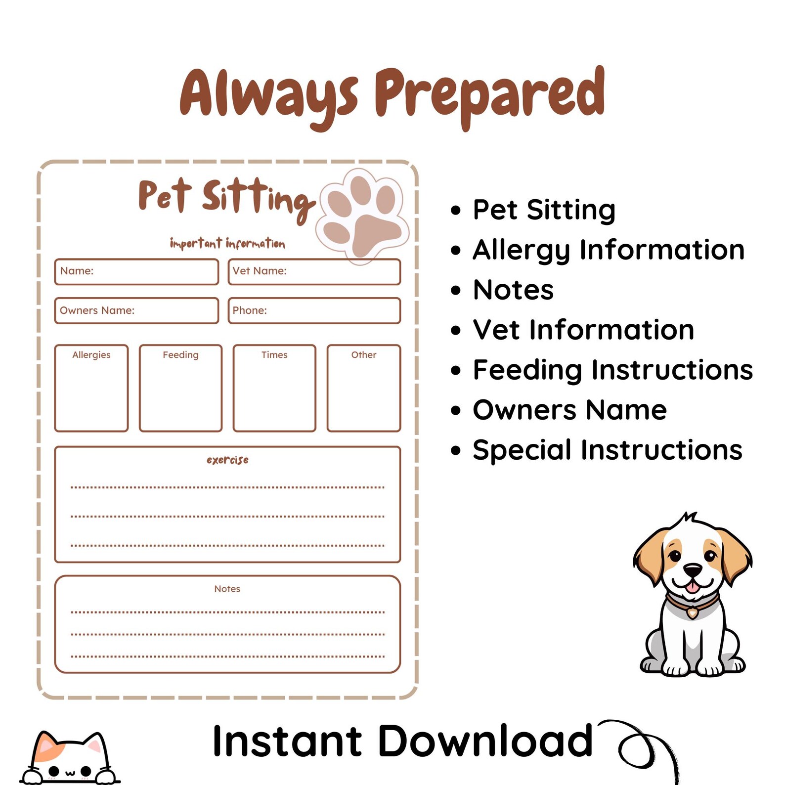 Image result for Printable Pet Care Planner - Track Vet Visits, Pet Info, Sitter Details ...