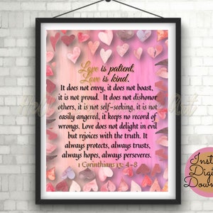 Love is Patient, Love kind, Bible Verse Wall Art, Scripture Print, 1 Corinthians 13:4-8, Christian wall Art, Digital Download, Hearts Poster