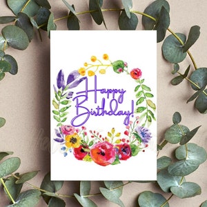 Happy Birthday Card Printable , Red Rose, Green Purple Floral Greeting Card, Digital Birthday Card, Instant Download, Last Minute Card